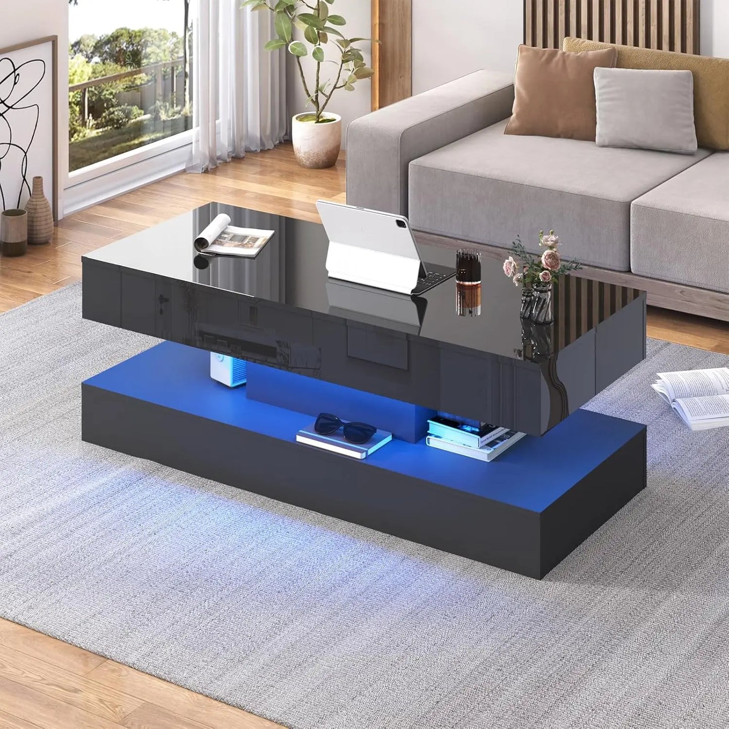 Modern Stylish Coffee Table with LED Lights Double Layer Design for Living Room with Storage Drawers