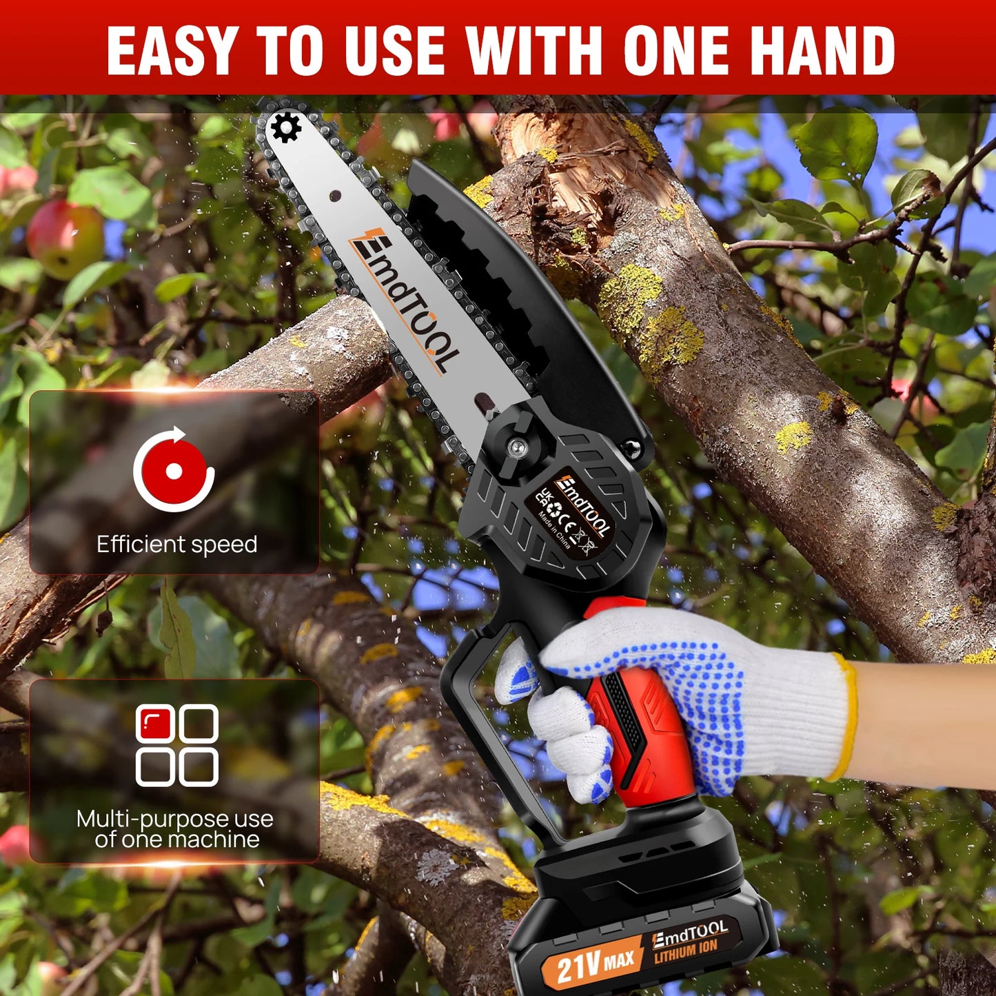 Mini Chainsaw 6 Inch Cordless 21V Battery Powered Pruning Saw With 2 Chains