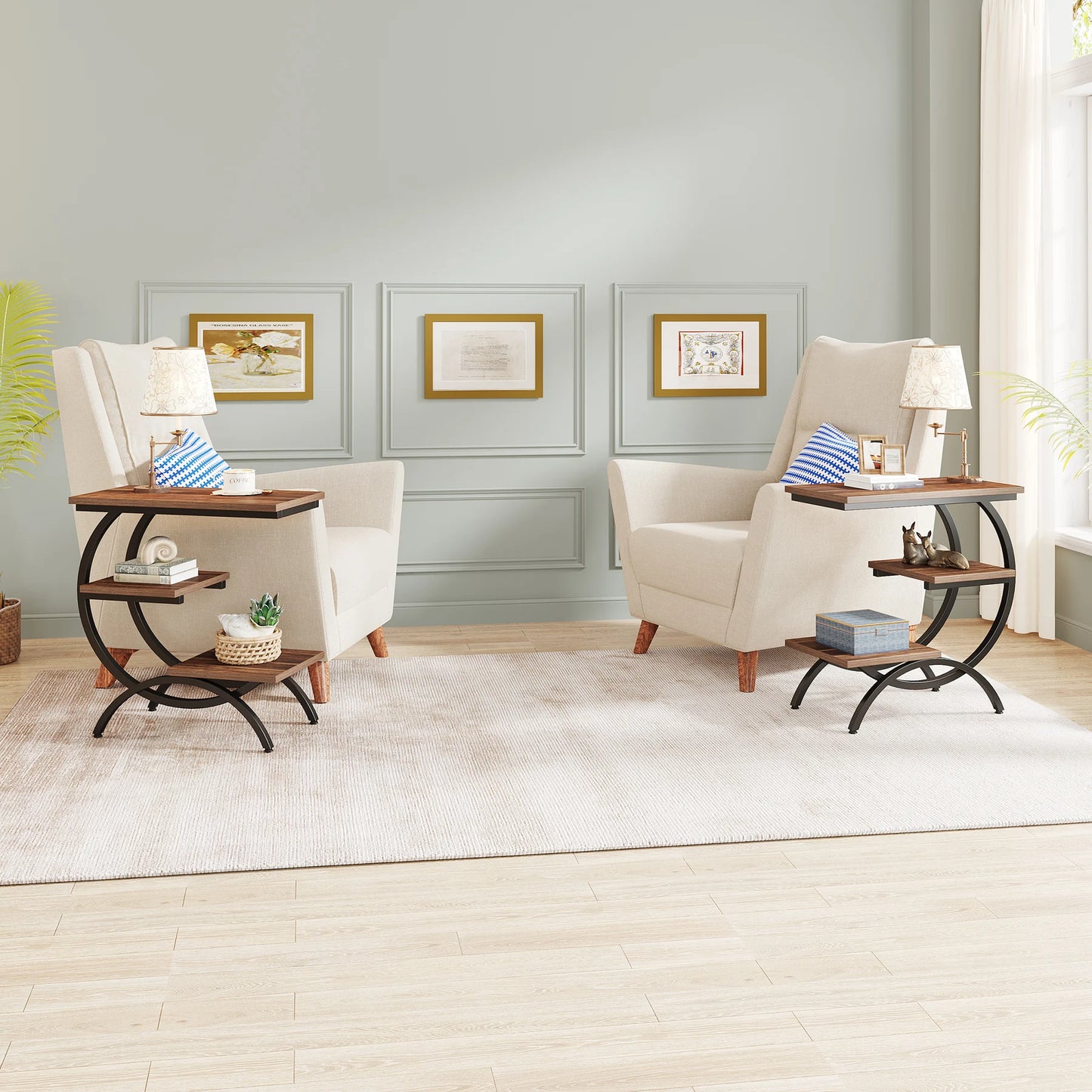 C Shaped End Table Industrial 3 Tier With Storage Shelves For Couch