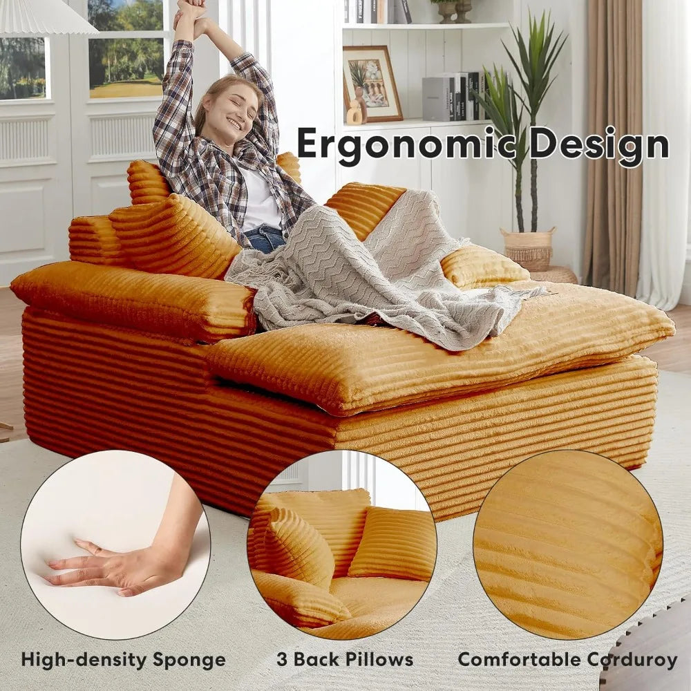 Oversized Orange Corduroy 50 Inch Chaise Lounge Chair With 3 Pillows