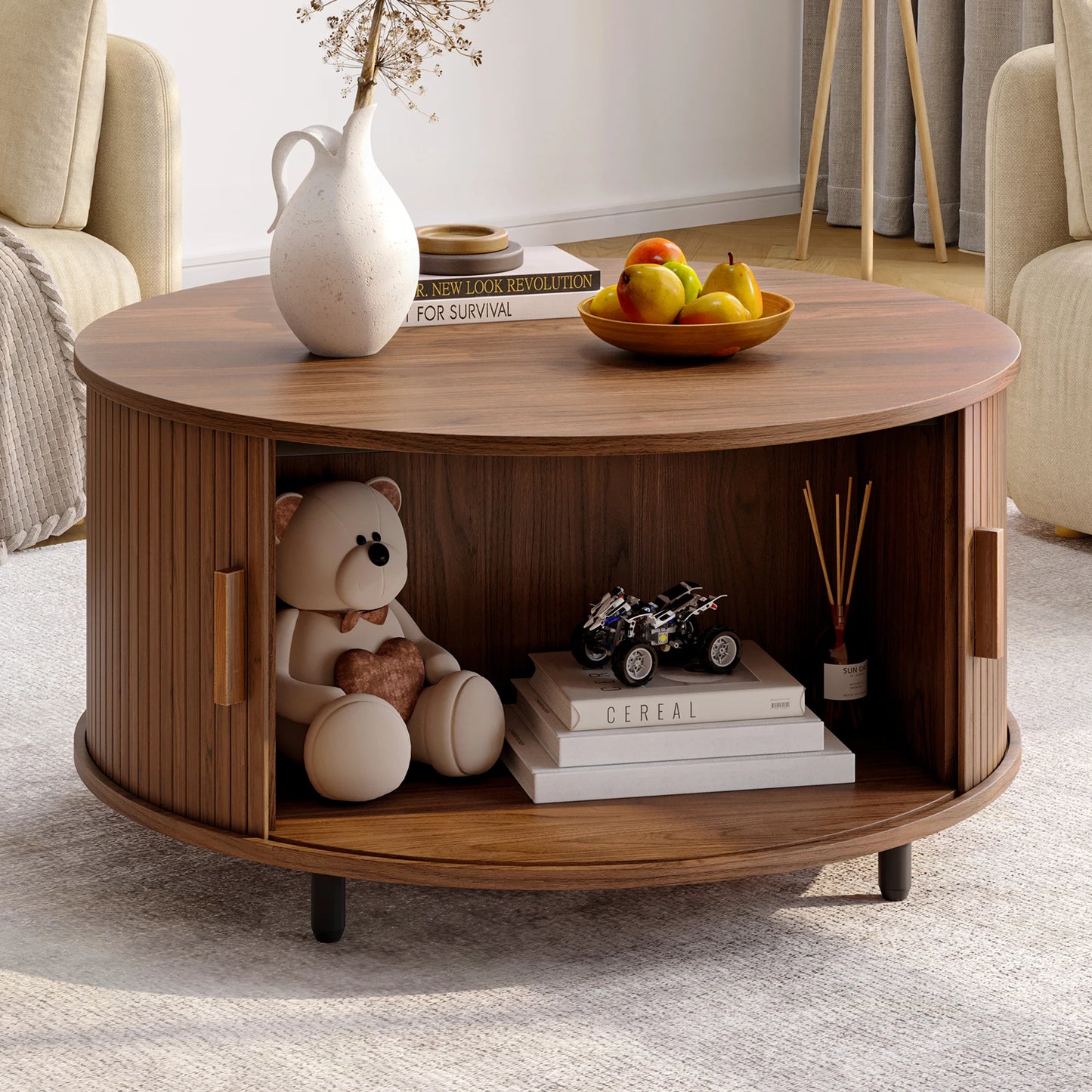 Round Coffee Table With Storage 31.5 Inches Modern Curved Sliding Door