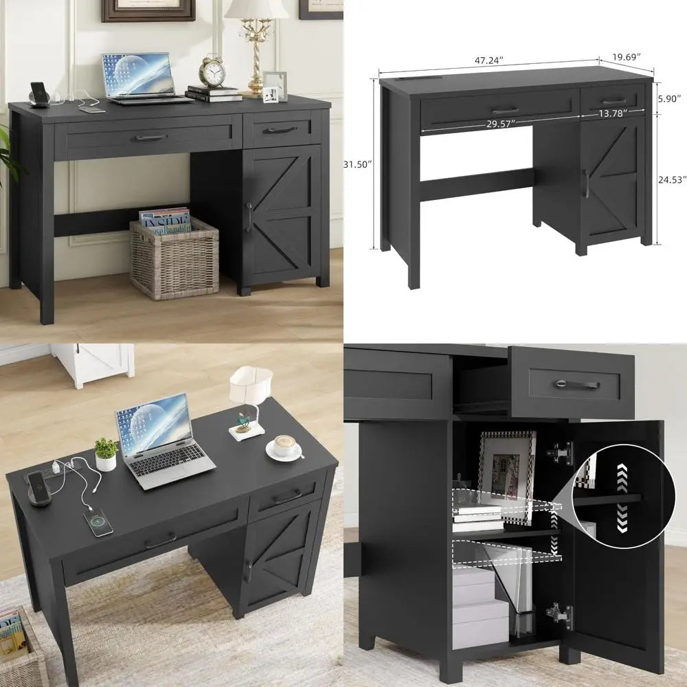 Elegant 47 Inch Farmhouse Style Executive Desk With Storage