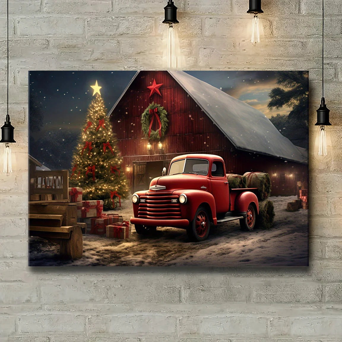 1PC Vintage Red Truck Christmas Canvas Print Waterproof Horizontal Rectangle Artwork