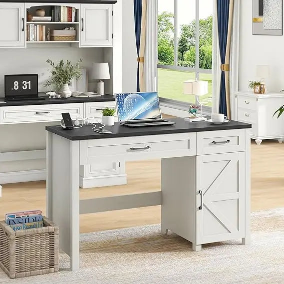 Elegant 47 Inch Farmhouse Style Executive Desk With Storage