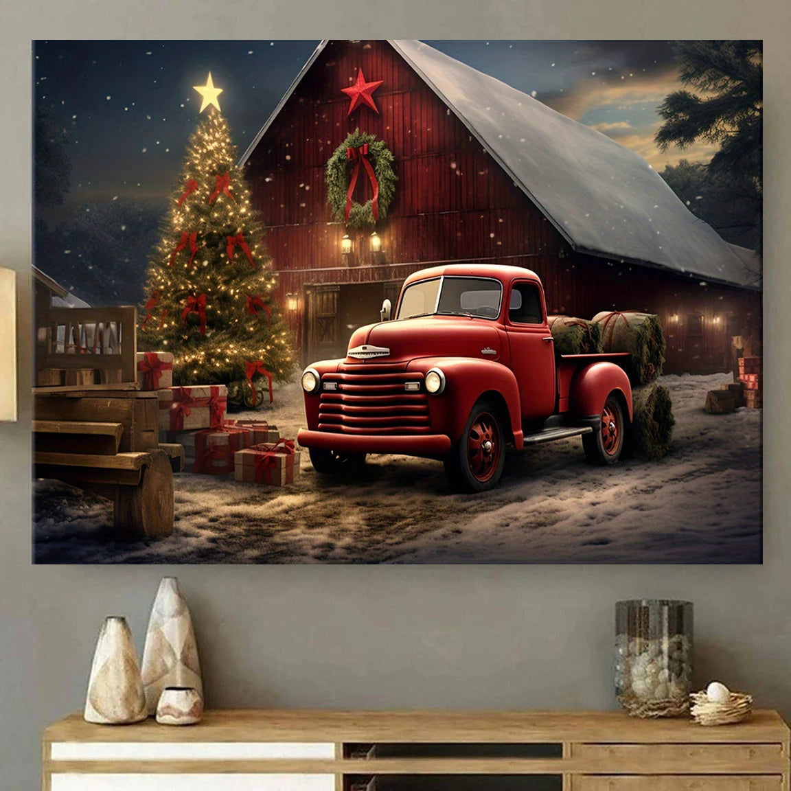 1PC Vintage Red Truck Christmas Canvas Print Waterproof Horizontal Rectangle Artwork
