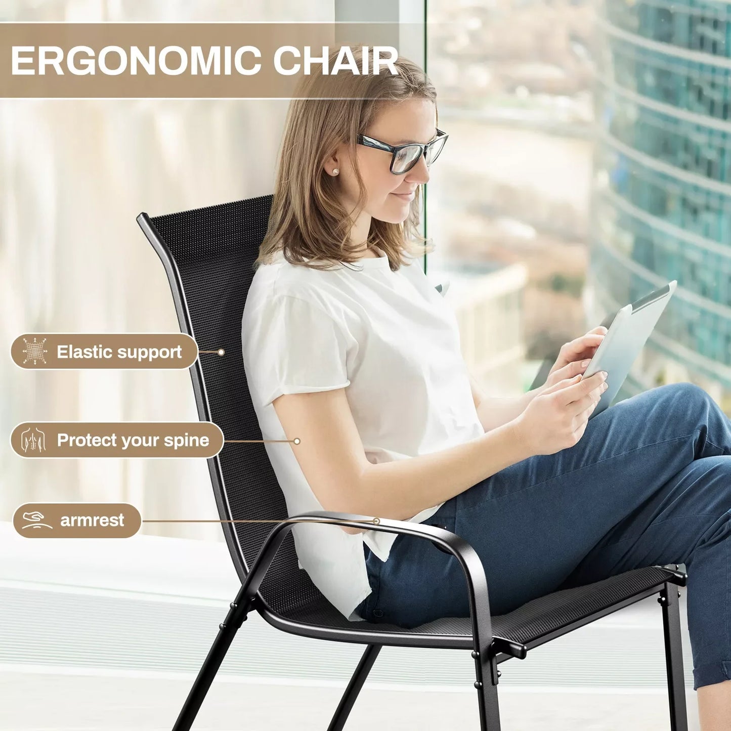 Patio Dining Set 5 Pieces With 30x30 Table And 4 Stackable Textilene Chairs