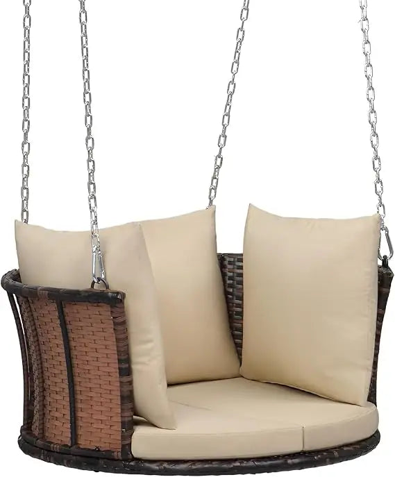 One Person Round Rattan Porch Swing With Cushions And Adjustable Chains 440 Lbs
