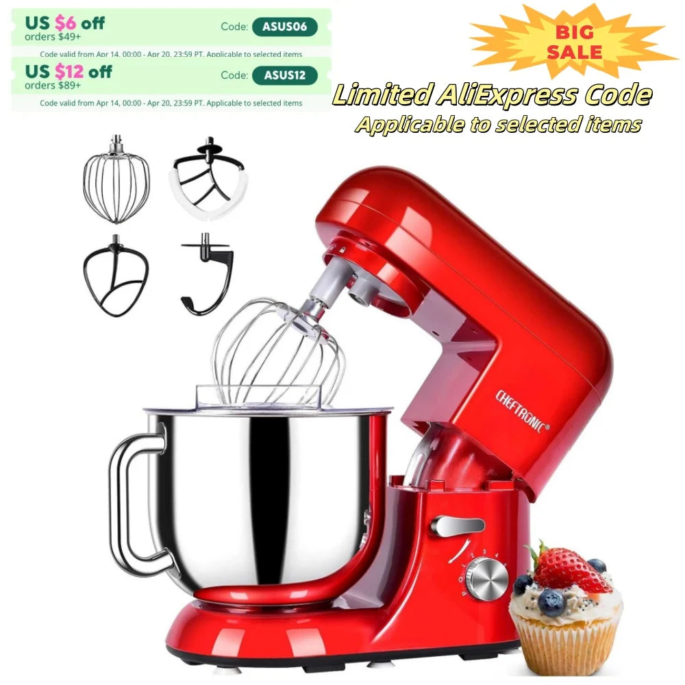6 Speed Stand Mixer with 7 Quart Stainless Steel Mixing Bowl, Dough hook, Egg whisk