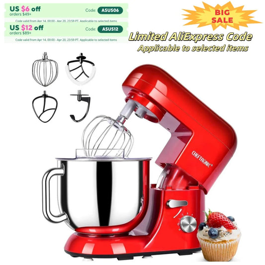 6 Speed Stand Mixer with 7 Quart Stainless Steel Mixing Bowl, Dough hook, Egg whisk