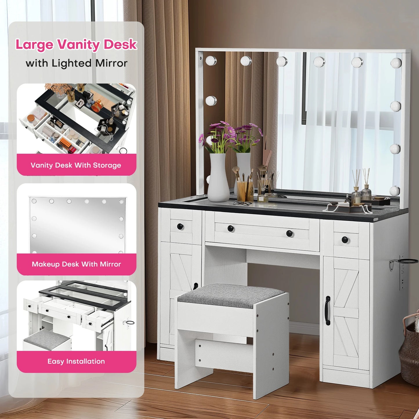 Farmhouse Vanity Desk w/ Lighted Mirror, 3 Drawers & Cabinets