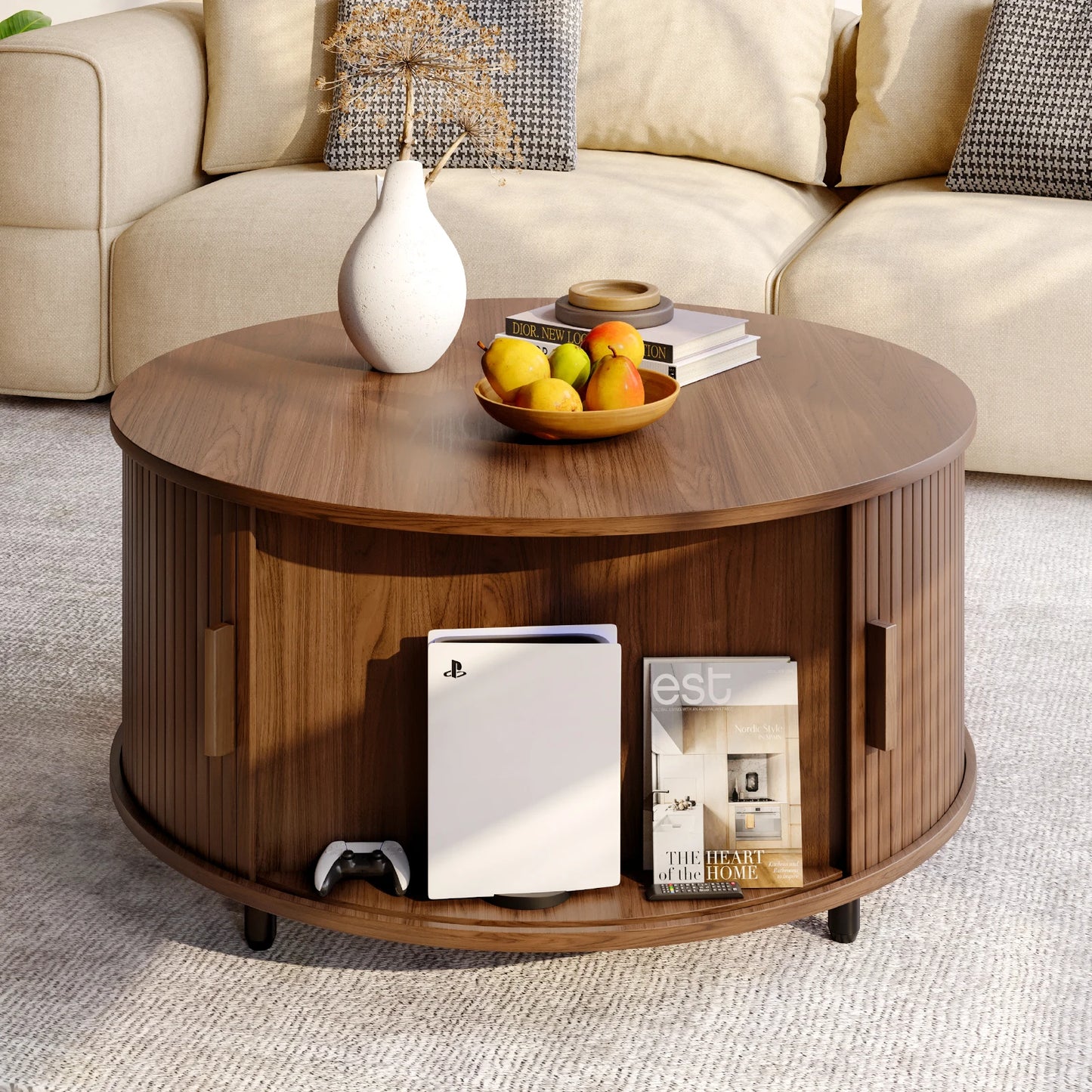 Round Coffee Table With Storage 31.5 Inches Modern Curved Sliding Door