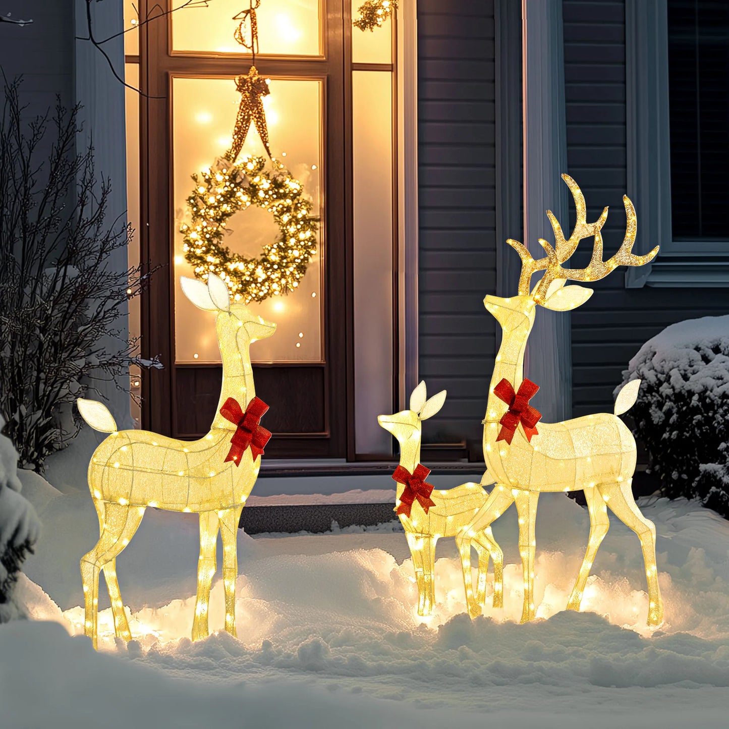Light Up Christmas Deer Family Set Of 3 Exterior Garden Decor With Silver Finish And Led Lights