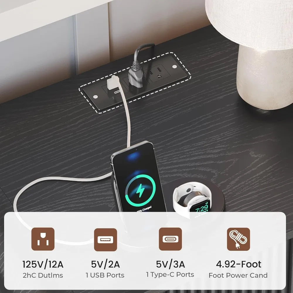 Fluted Nightstand With Charging Station Black 3 Drawer