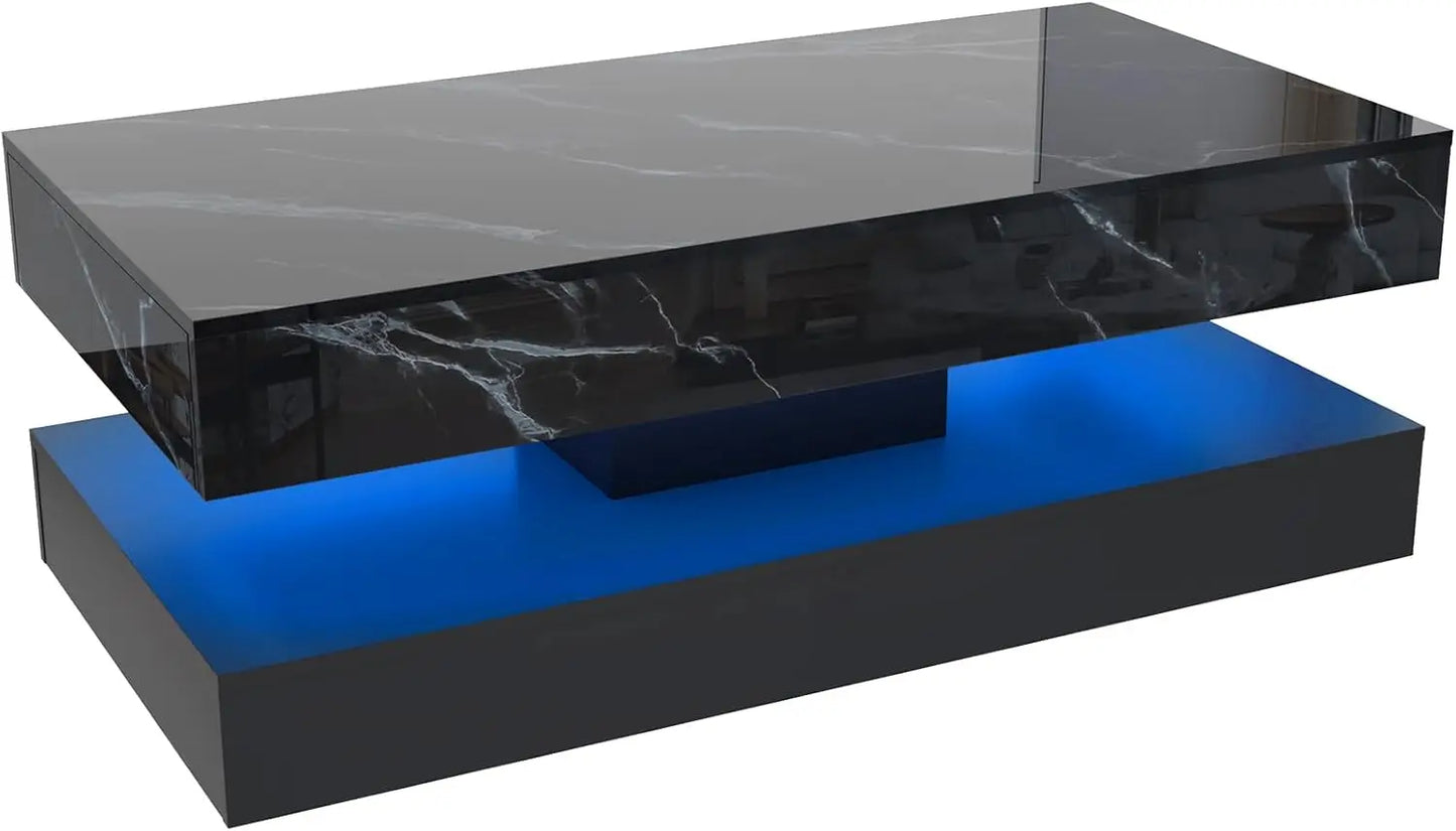 Modern Stylish Coffee Table with LED Lights Double Layer Design for Living Room with Storage Drawers