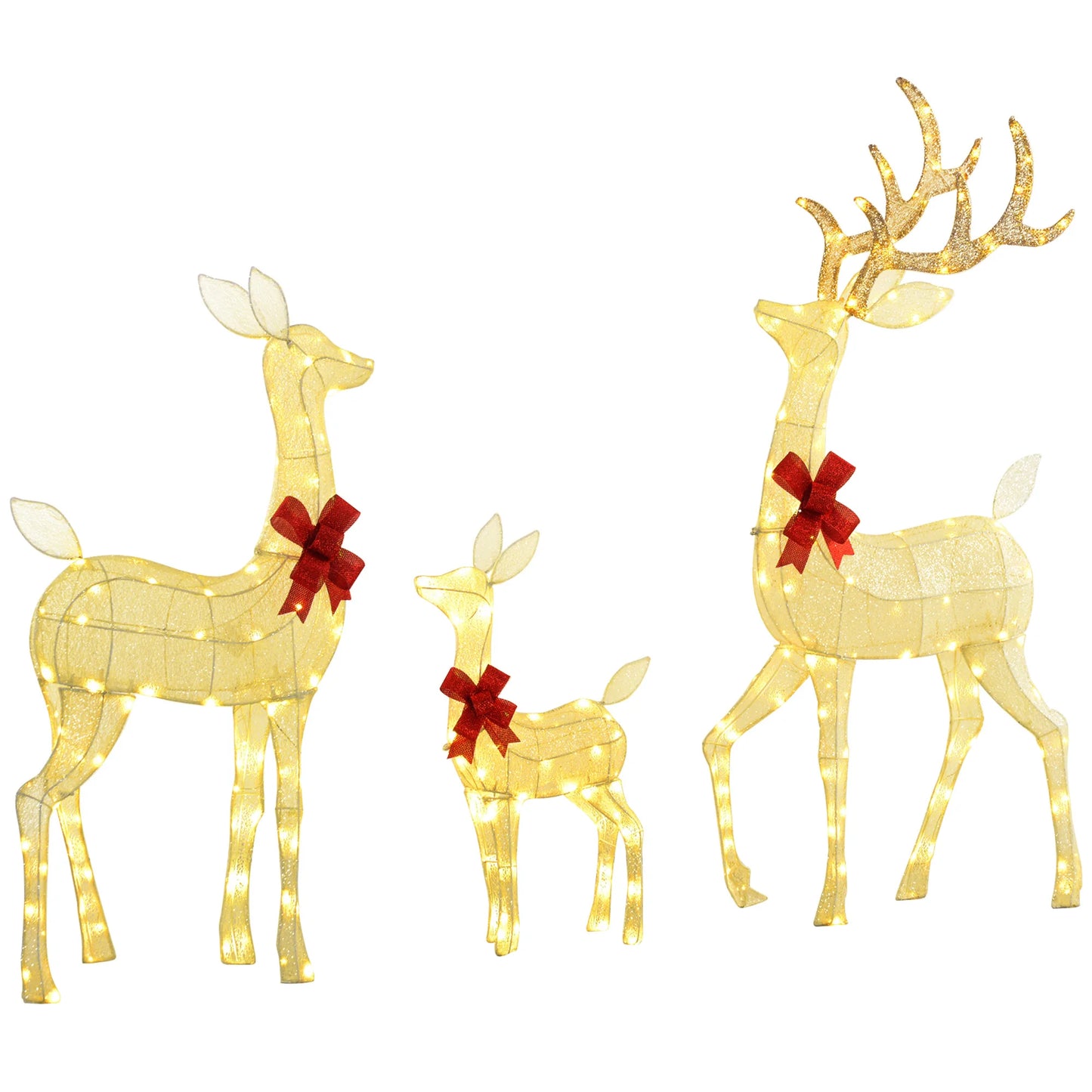 Light Up Christmas Deer Family Set Of 3 Exterior Garden Decor With Silver Finish And Led Lights
