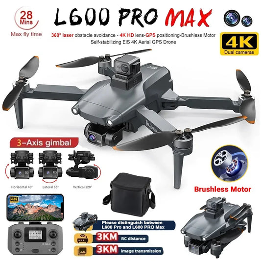 L600 PRO MAX Drone 4K Professional 3-Axis Gimbal HD Dual Camera 360° Obstacle Avoidance Brushless