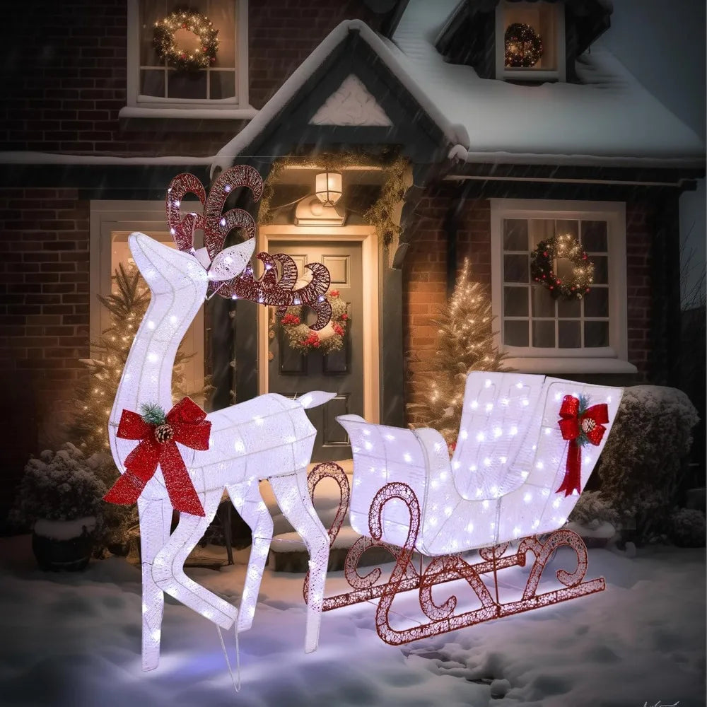 Yard Decoration Reindeer And Sleigh With 200 LED Lights Outdoor Holiday Decor