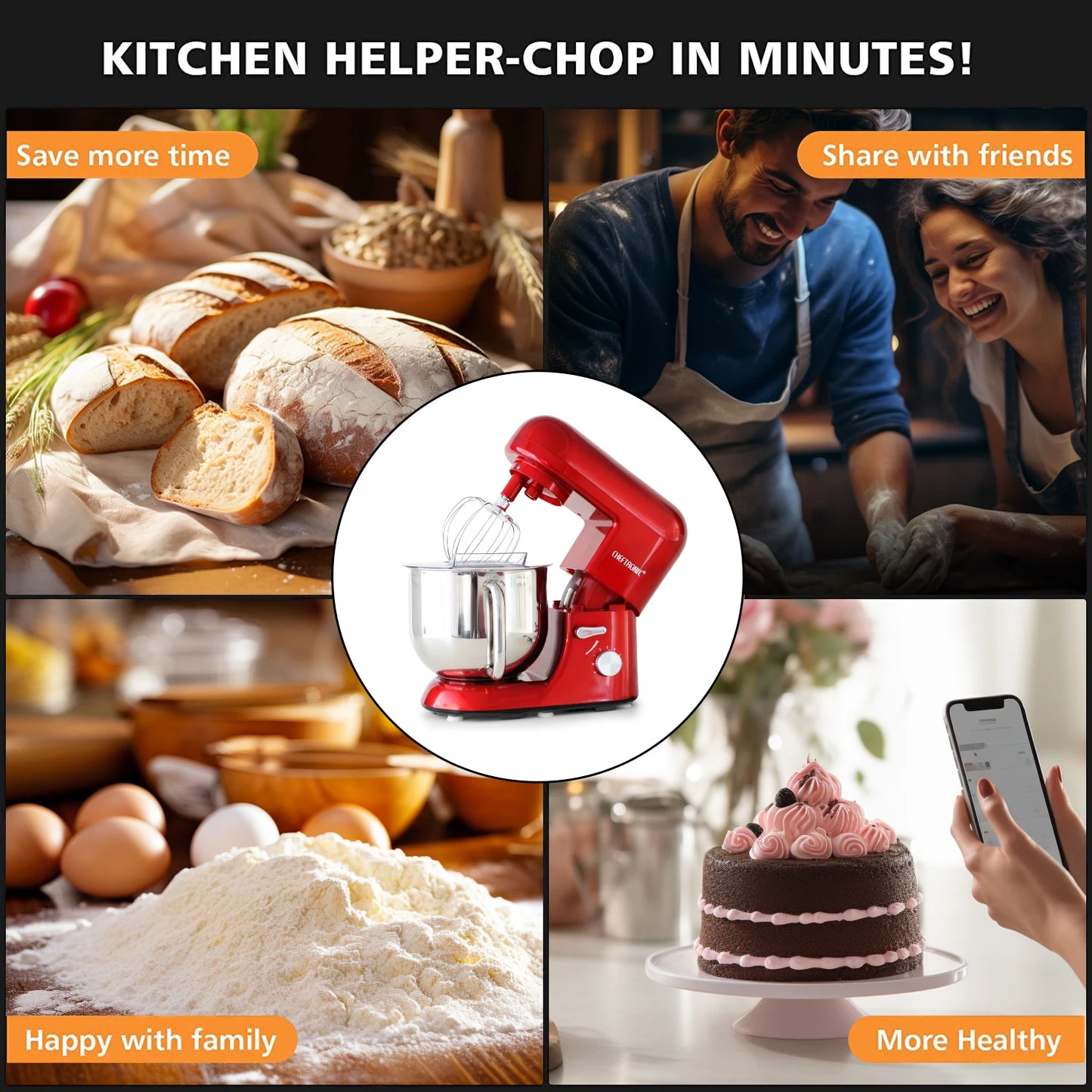 6 Speed Stand Mixer with 7 Quart Stainless Steel Mixing Bowl, Dough hook, Egg whisk