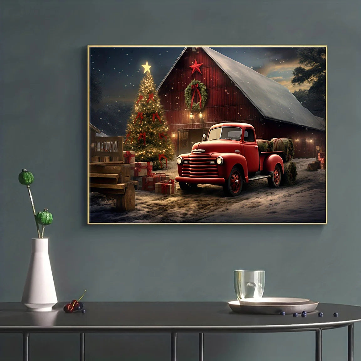 1PC Vintage Red Truck Christmas Canvas Print Waterproof Horizontal Rectangle Artwork