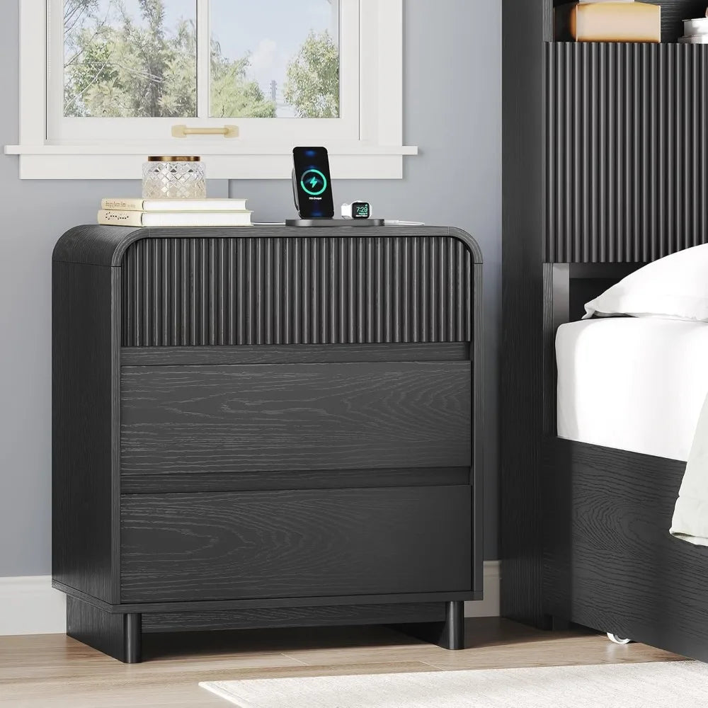Fluted Nightstand With Charging Station Black 3 Drawer