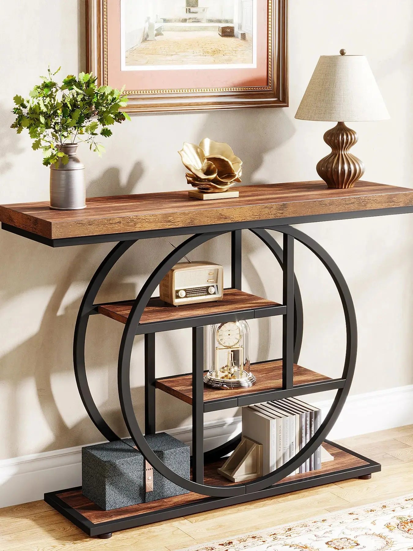 41.3 Inch Industrial Console Table With 4 Tier Shelves For Living Room