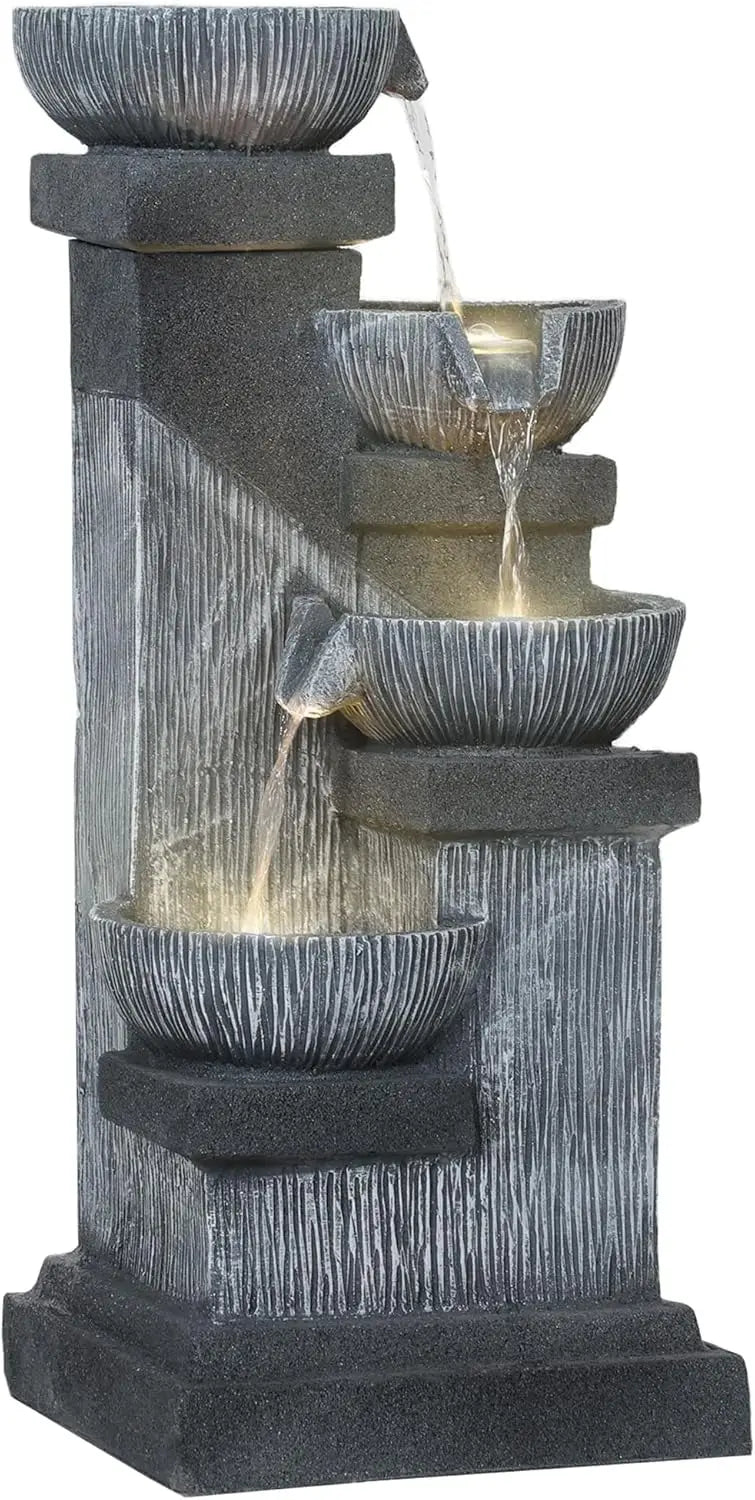 33.5 Inch Tall Outdoor Water Fountain 4 Tier Floor Standing Resin Cascading Bowls Waterfall Fountain with LED Lights and Pump for Garden Patio Backyard