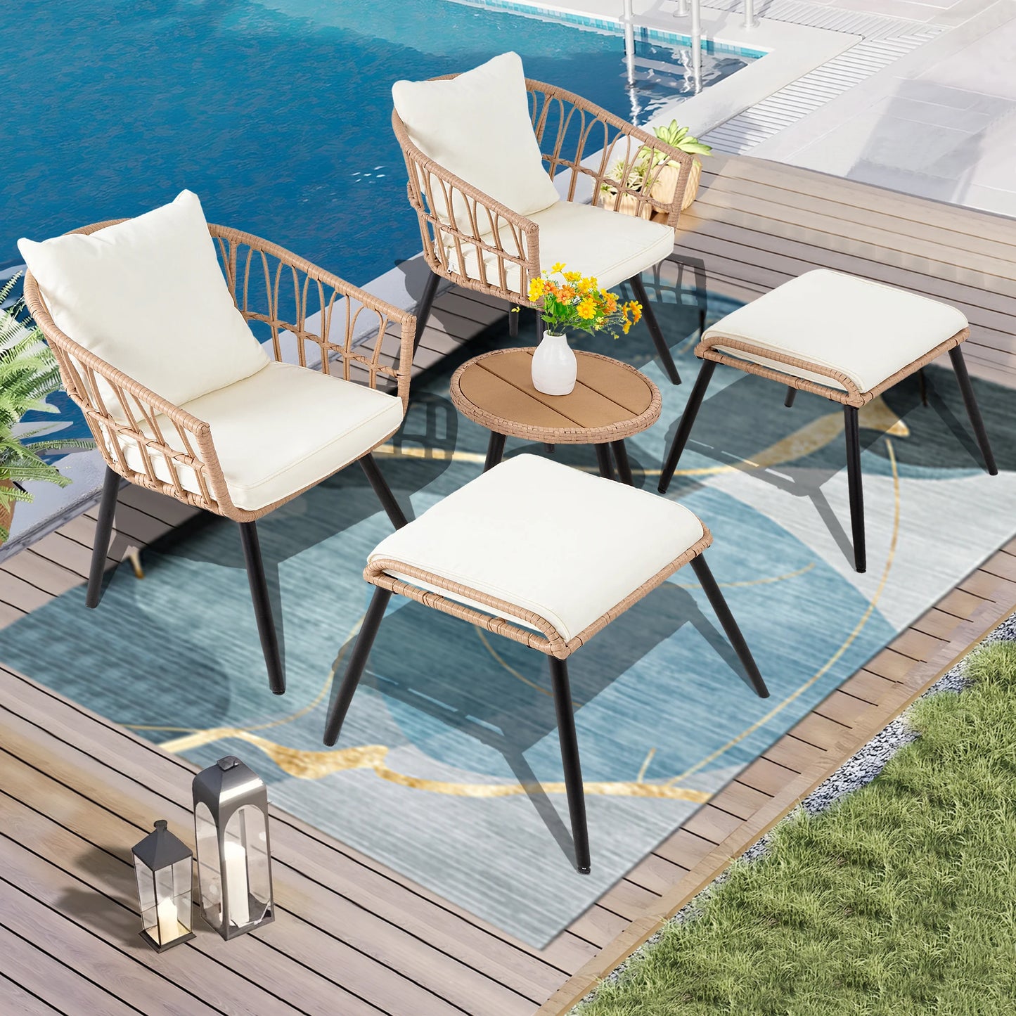 5 Piece Patio Bistro Outdoor Wicker Set With Ottoman Table