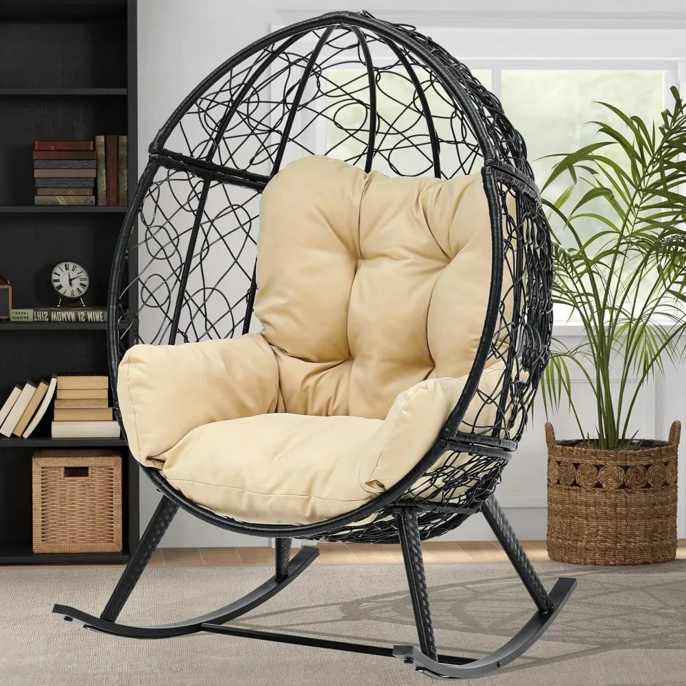 Wicker Rocking Egg Chair Oversized Indoor Outdoor Rattan Rocking Chair Black Beige