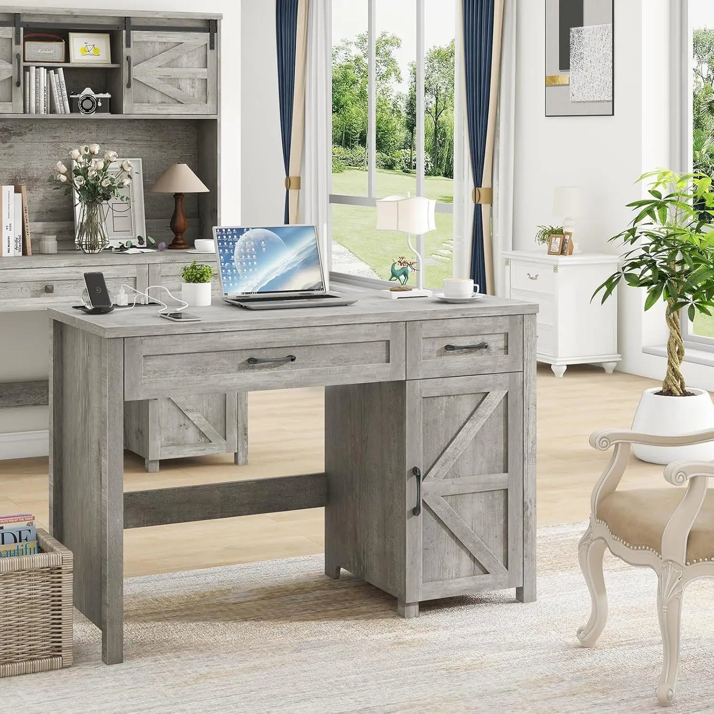 Elegant 47 Inch Farmhouse Style Executive Desk With Storage