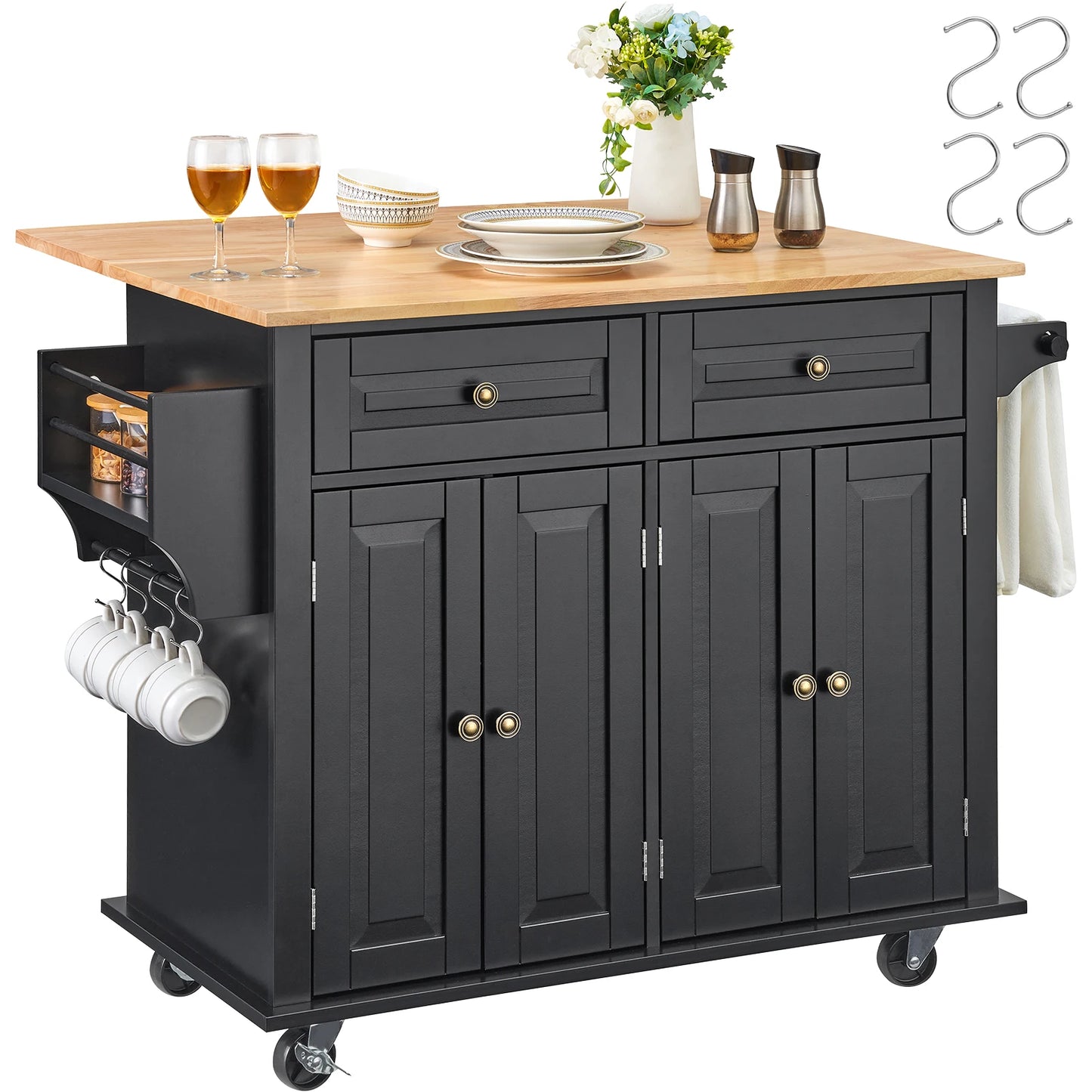 43 Inch Kitchen Island Cart With Wood Top Rolling Table Drop Leaf Spice Rack