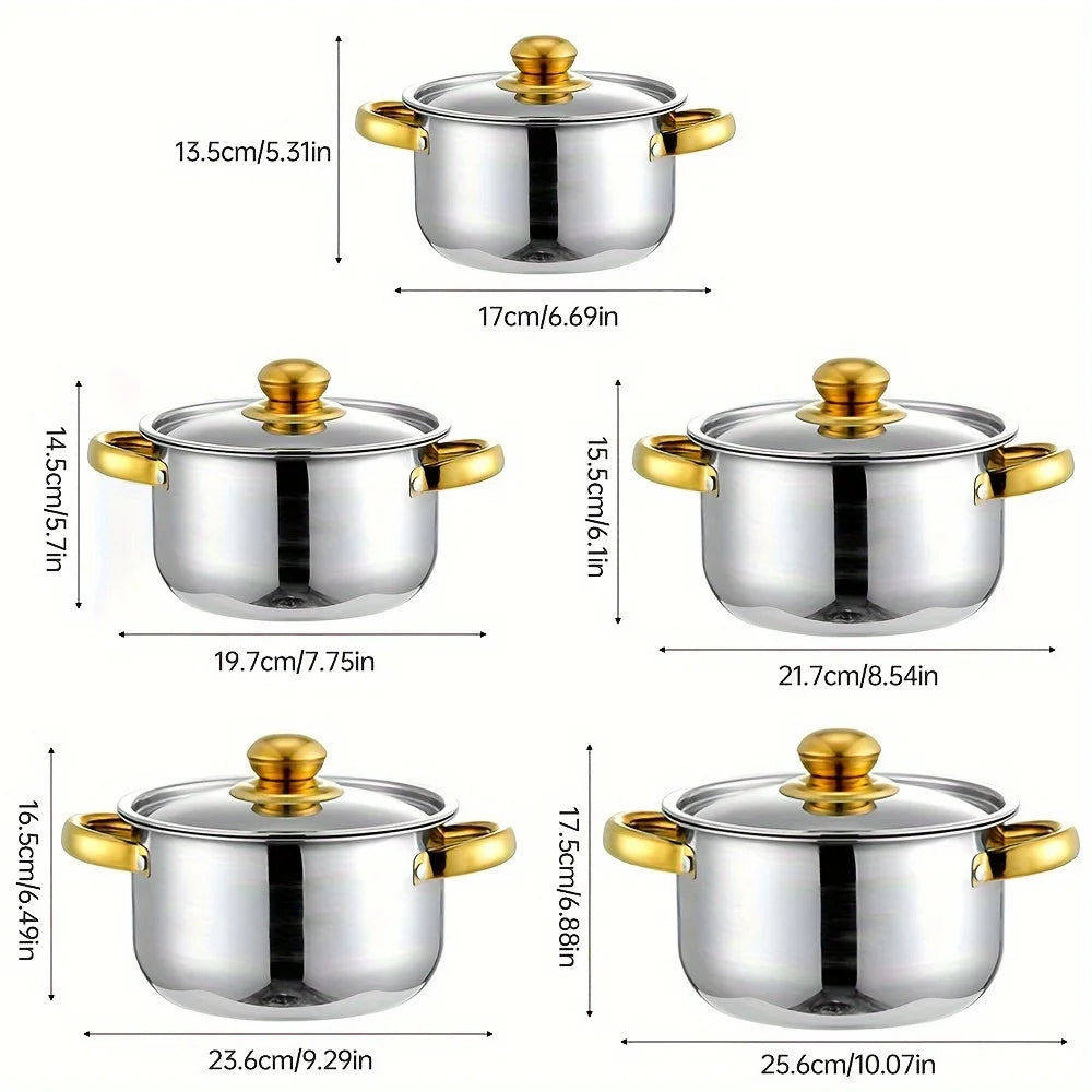 5-Piece Golden Stainless Steel Cookware Set Compatible With All Stoves With Lids