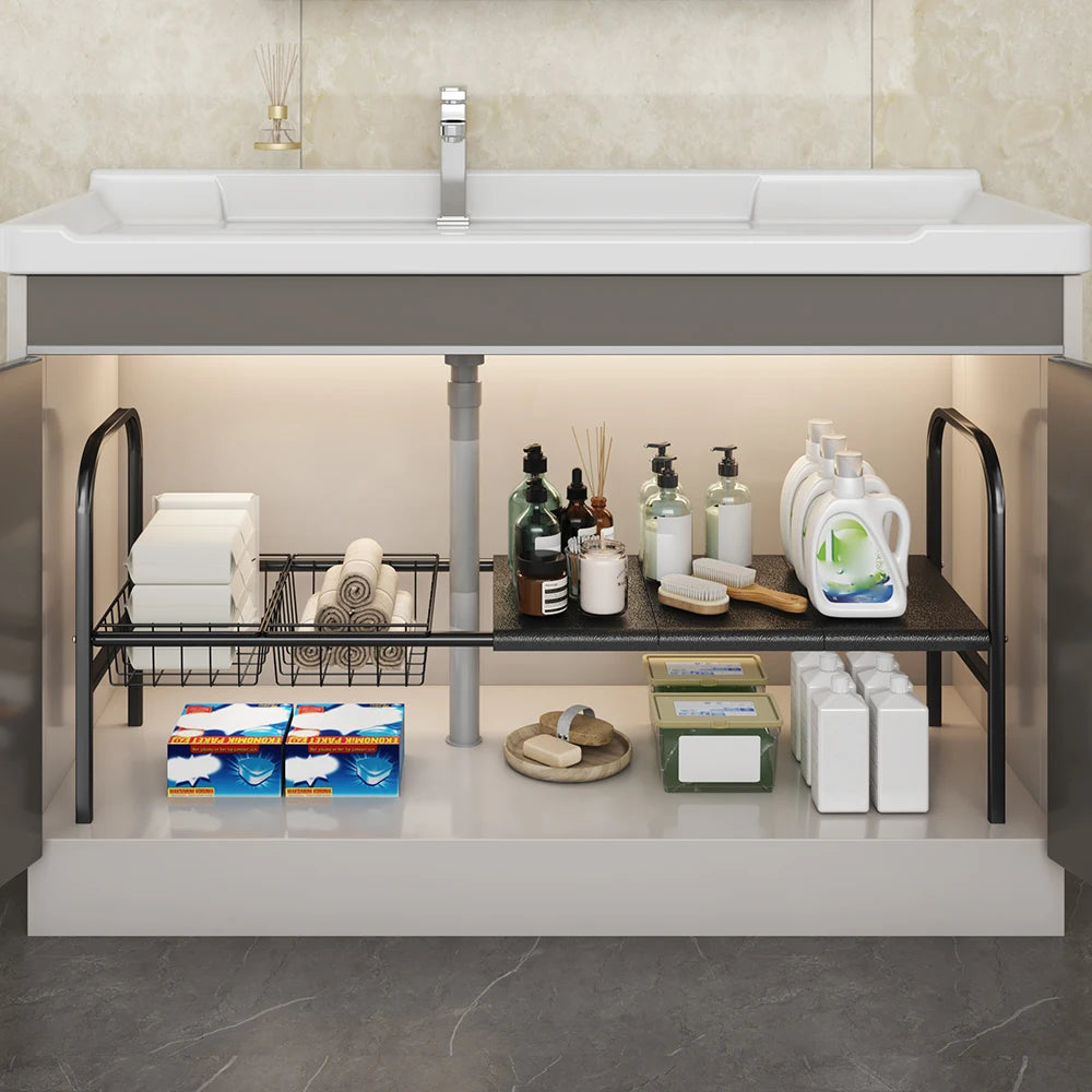 1 Set Multi Use Kitchen Under Bathroom Sink Organizers Expandable Cabinet Shelf Organizer Storage Rack With Removable Baskets