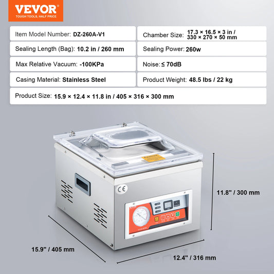 VEVOR DZ-260A Chamber Vacuum Sealer with 15.7 Inch Sealing Length for Home Wet Foods Meats and Marinades