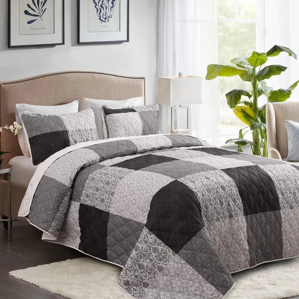 California King Bedding Set: Oversized 128x120 Patchwork Plaid Grey and Black Coverlet with 2 Pillow Shams