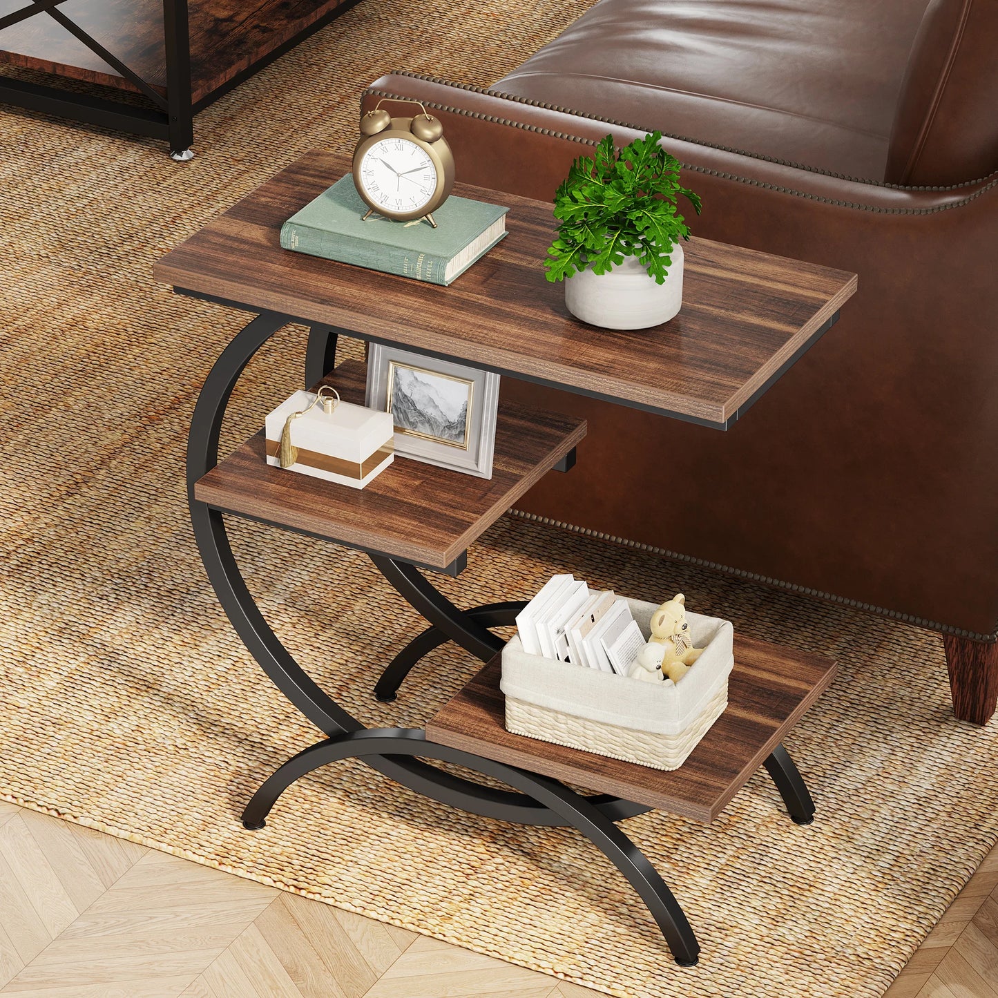 C Shaped End Table Industrial 3 Tier With Storage Shelves For Couch
