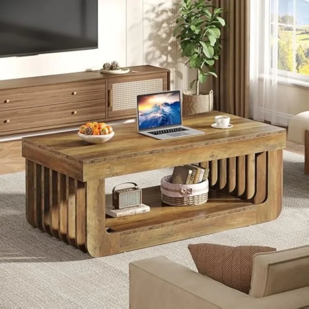 Farmhouse Coffee Table With Storage 47 Inch Rectangle Living Room Table Rustic Brown