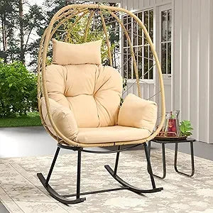 Wicker Rocking Egg Chair Oversized Indoor Outdoor Rattan Rocking Chair Black Beige