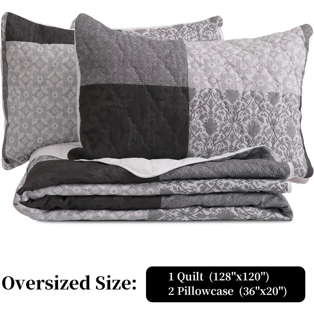 California King Bedding Set: Oversized 128x120 Patchwork Plaid Grey and Black Coverlet with 2 Pillow Shams