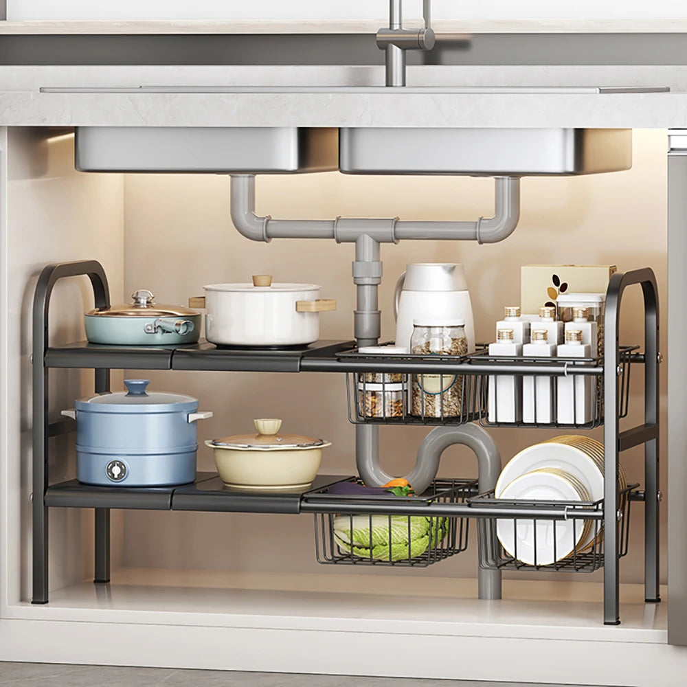 1 Set Multi Use Kitchen Under Bathroom Sink Organizers Expandable Cabinet Shelf Organizer Storage Rack With Removable Baskets