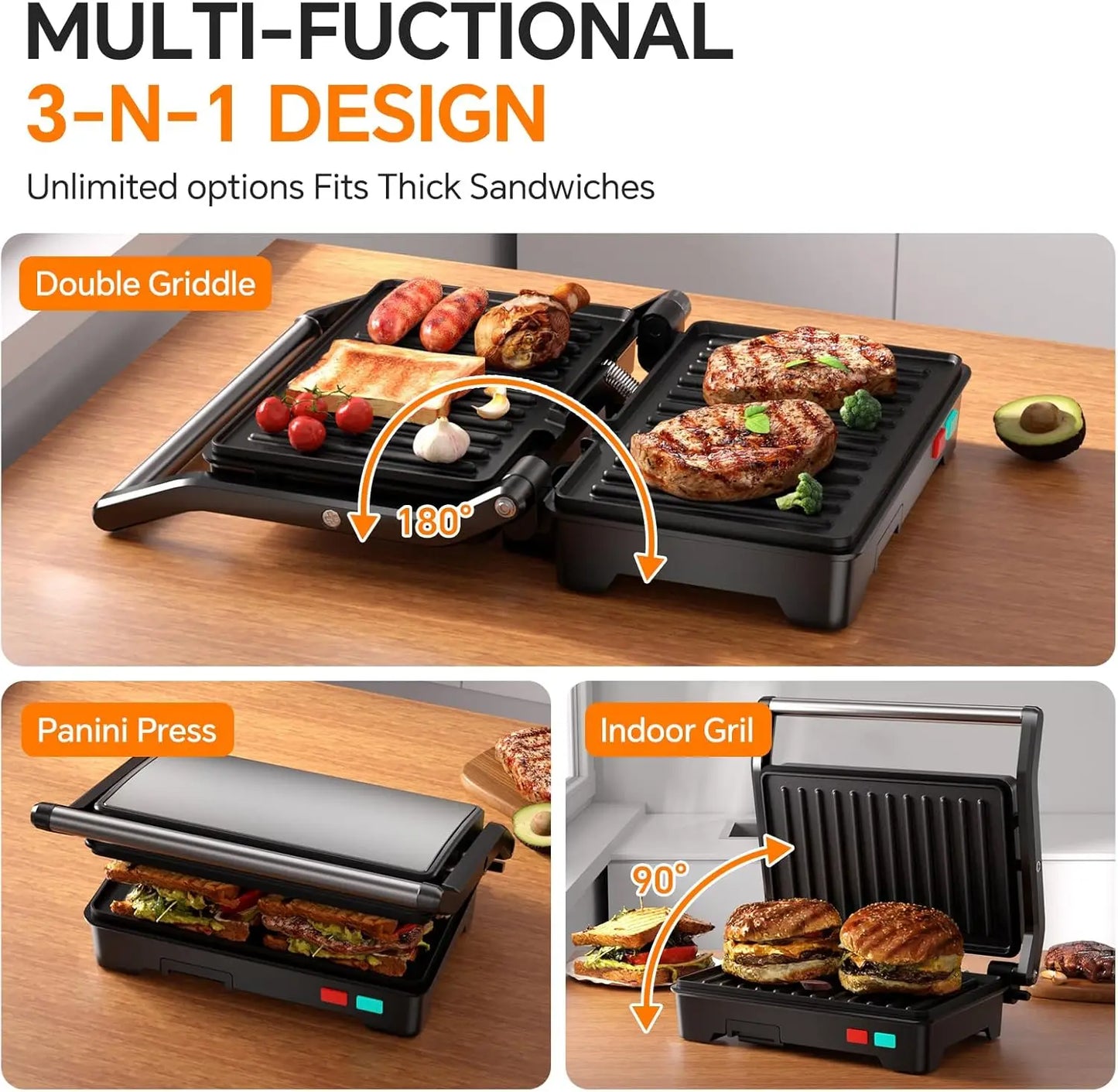 Panini Grill 1000W Sandwich Maker With Nonstick Plates Opens 180 Degrees