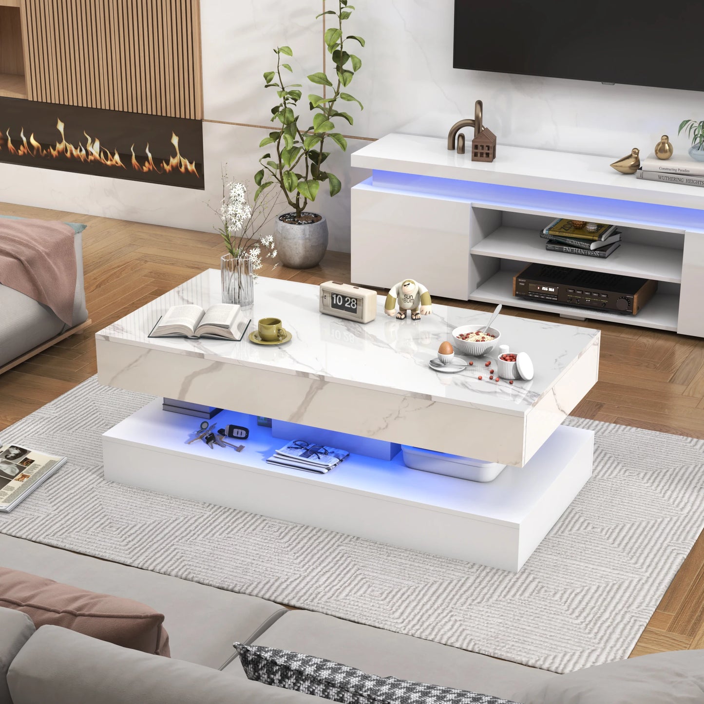 Modern Stylish Coffee Table with LED Lights Double Layer Design for Living Room with Storage Drawers