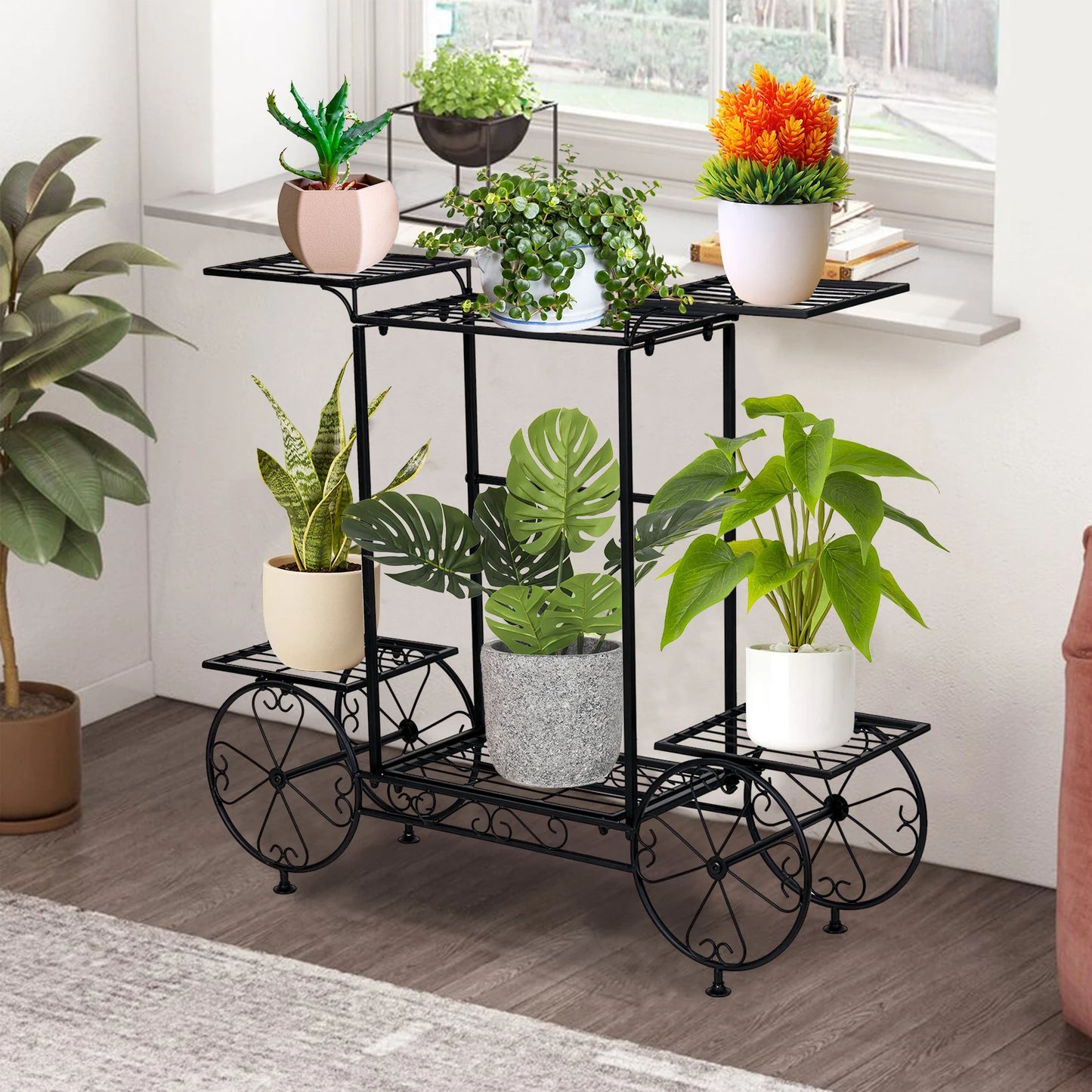 Large Metal Plant Stand Indoor Six Tier Garden Cart Plant Holder Wrought Iron