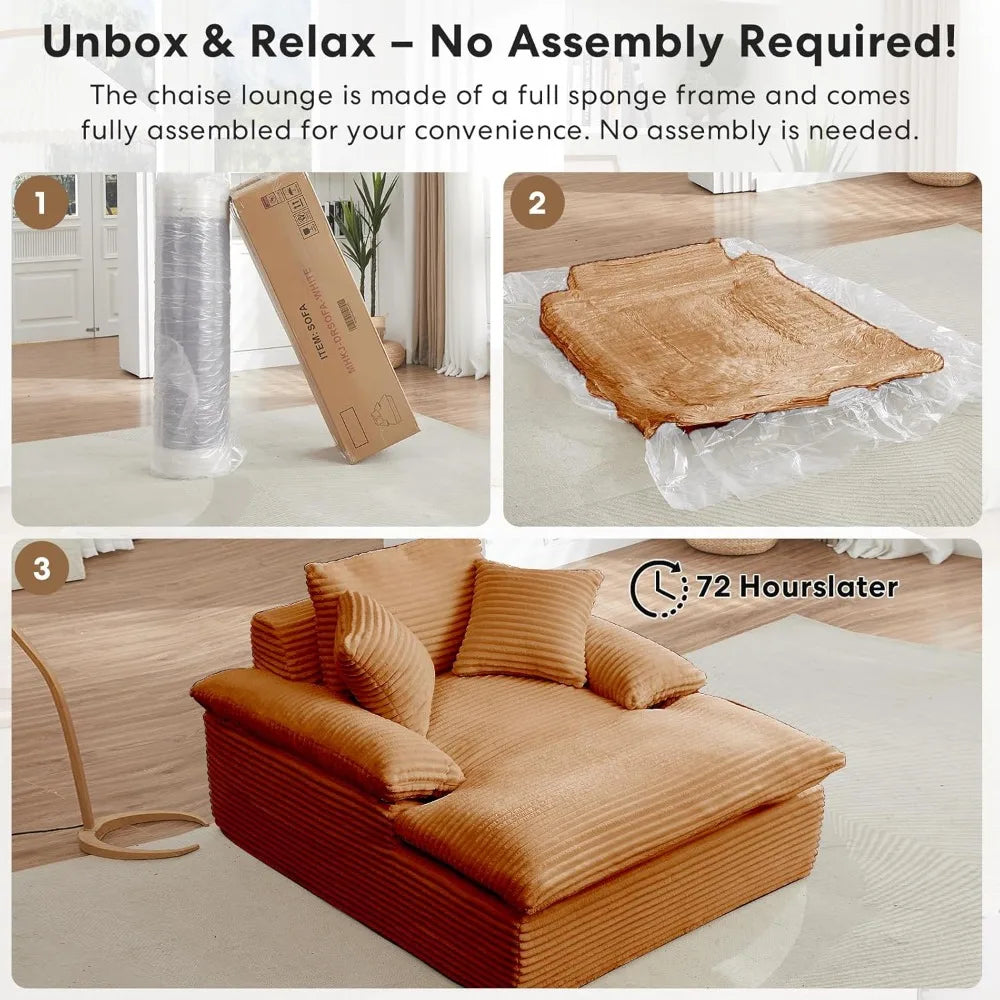 Oversized Orange Corduroy 50 Inch Chaise Lounge Chair With 3 Pillows