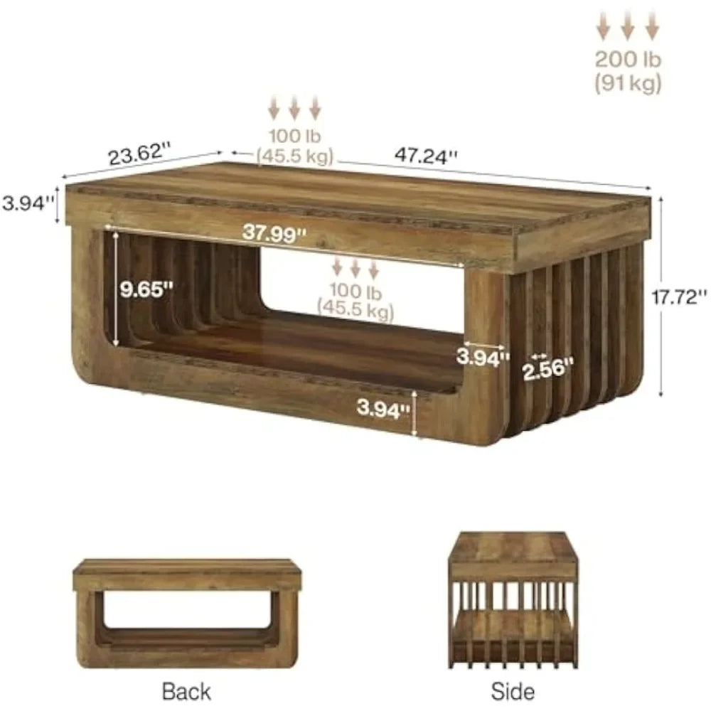 Farmhouse Coffee Table With Storage 47 Inch Rectangle Living Room Table Rustic Brown