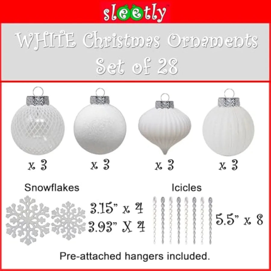 White Shatterproof Plastic Christmas Tree Ornaments Set 28 Pack For Durable Holiday Decorations