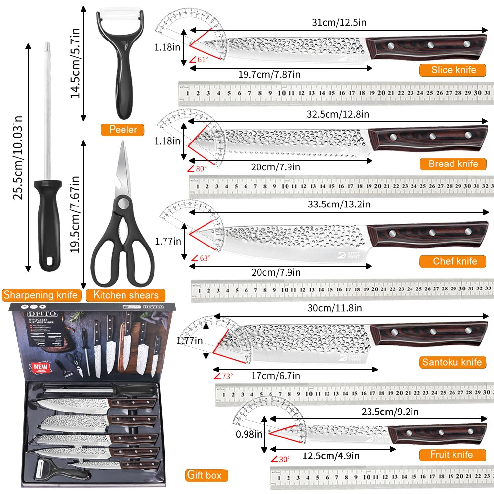 8 Piece Chef Kitchen Knives Set Hammer Pattern Sharp Cutting Blades