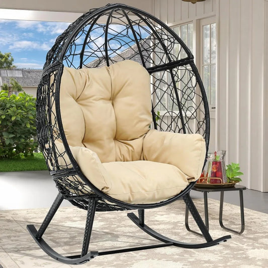 Wicker Rocking Egg Chair Oversized Indoor Outdoor Rattan Rocking Chair Black Beige