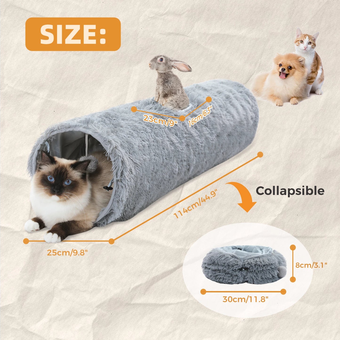 Collapsible Fluffy Plush Cat Tunnel Foldable 44 Inches