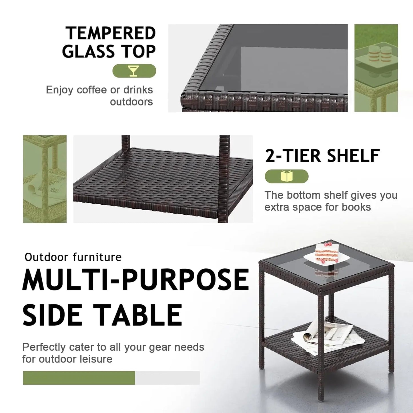 Outdoor 3 Piece Wicker Patio Set With Glass Top Coffee Table