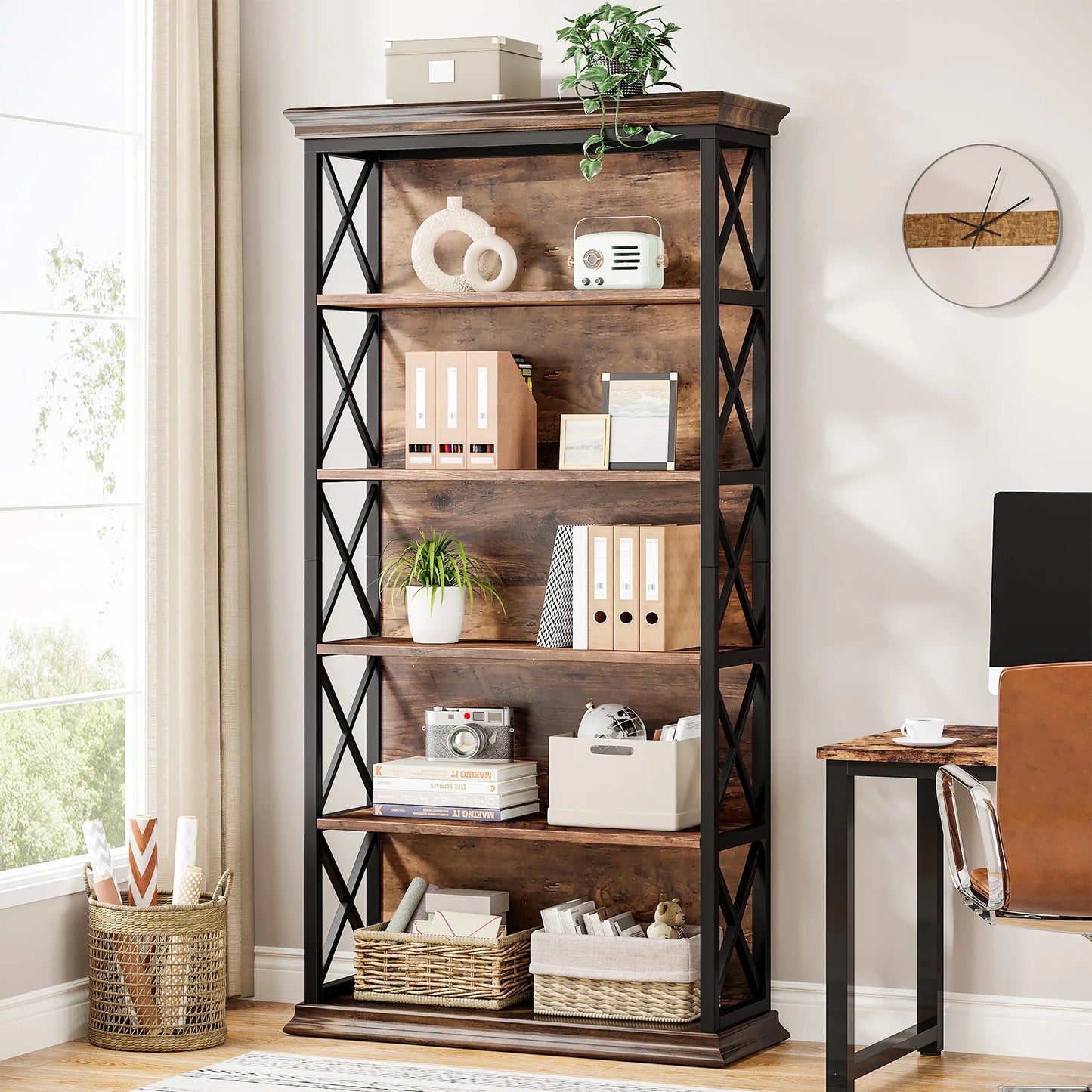 Tribesigns 5 Tier Industrial Wood Bookcase 71 Inch Modern Bookshelf